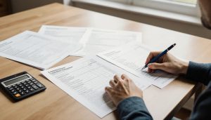 Homeowner comparing several printed contractor estimates side by side at a kitchen table