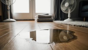 Homeowner photographing water damage on a hardwood floor to document an insurance claim