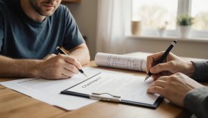 Homeowner and contractor reviewing a written home-improvement contract at a kitchen table