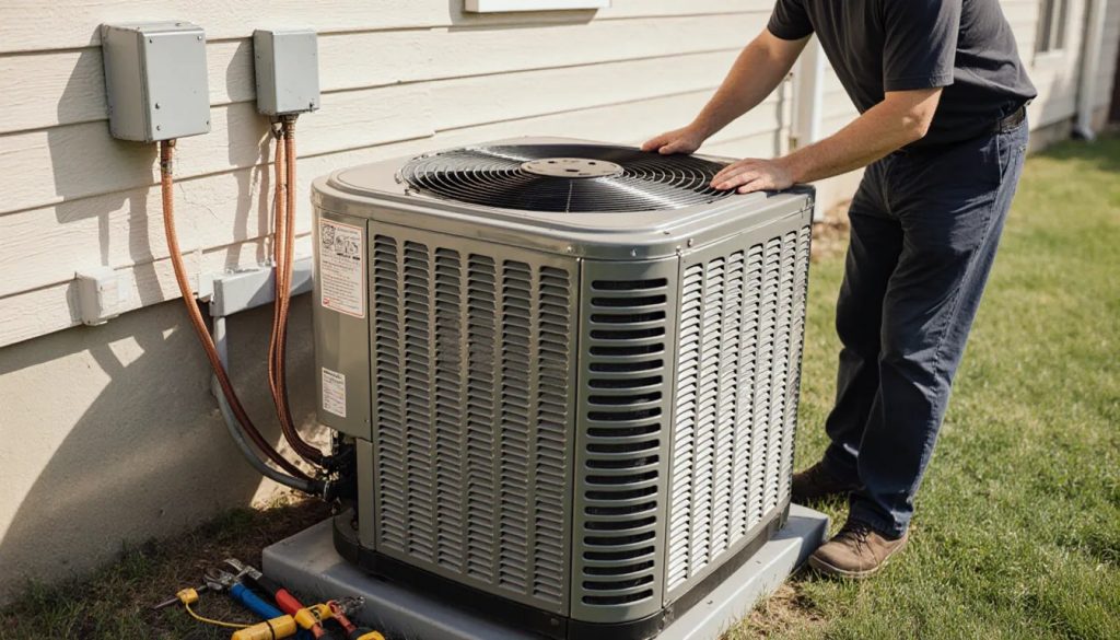 HVAC technician installing a new outdoor air conditioning condenser unit beside a home