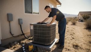 HVAC technician inspecting a home outdoor air conditioning condenser unit on a hot sunny day