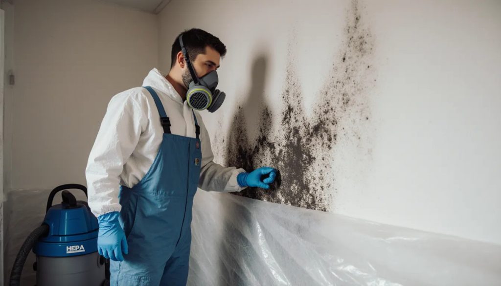 Mold remediation technician in protective gear inspecting mold growth on an interior wall during a home remediation