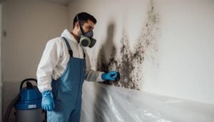 Mold remediation technician in protective gear inspecting mold growth on an interior wall during a home remediation