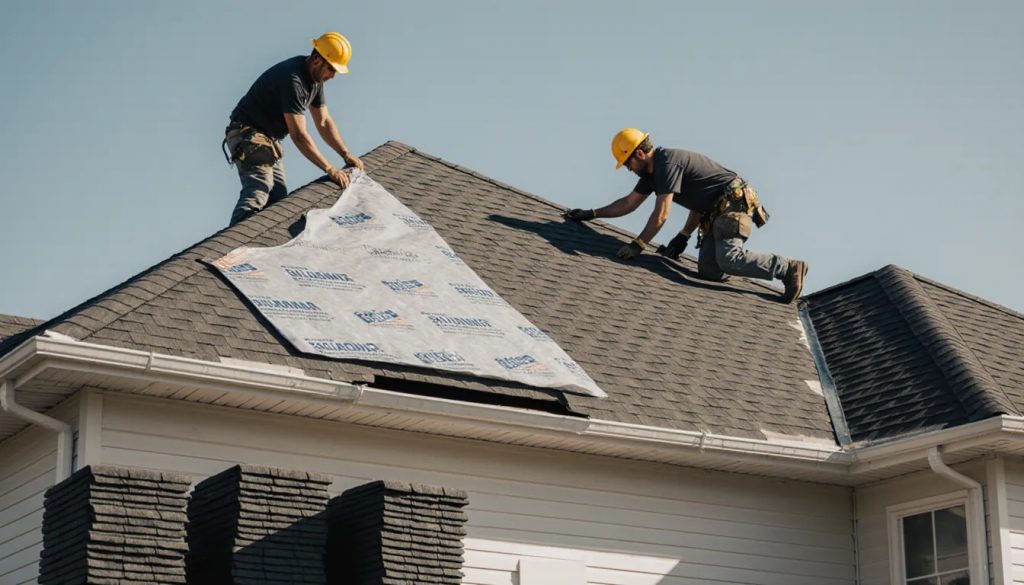 Roofing contractors installing new architectural asphalt shingles on a residential roof