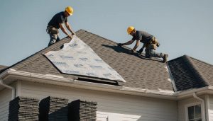 Roofing contractors installing new architectural asphalt shingles on a residential roof