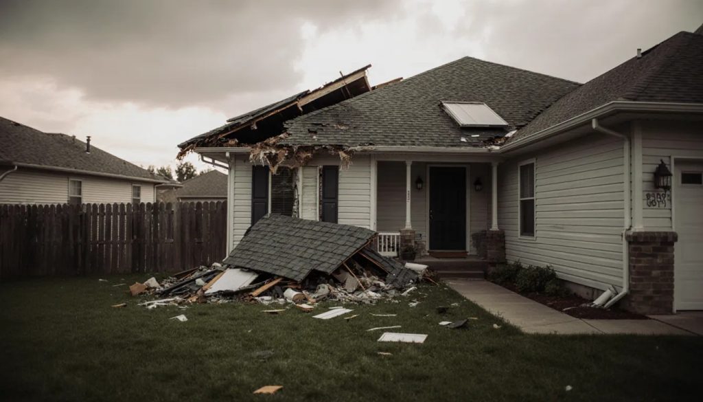 Suburban roof with storm damage and missing asphalt shingles after a severe storm