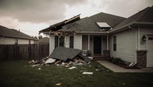 Suburban roof with storm damage and missing asphalt shingles after a severe storm