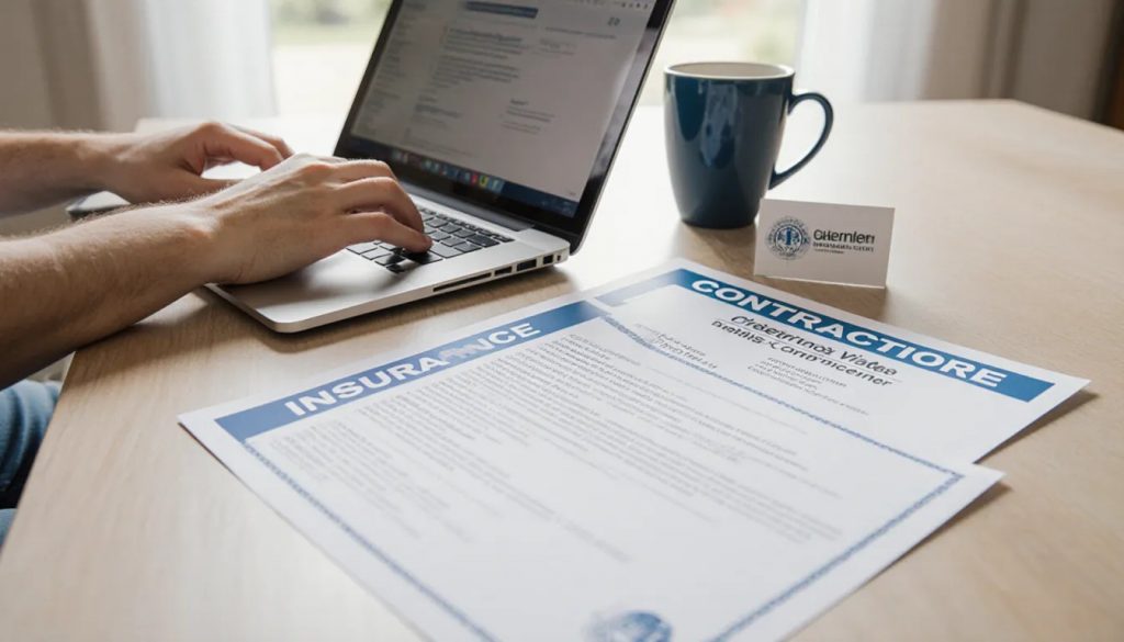 Homeowner verifying a contractor license and insurance certificate on a laptop at home