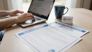 Homeowner verifying a contractor license and insurance certificate on a laptop at home