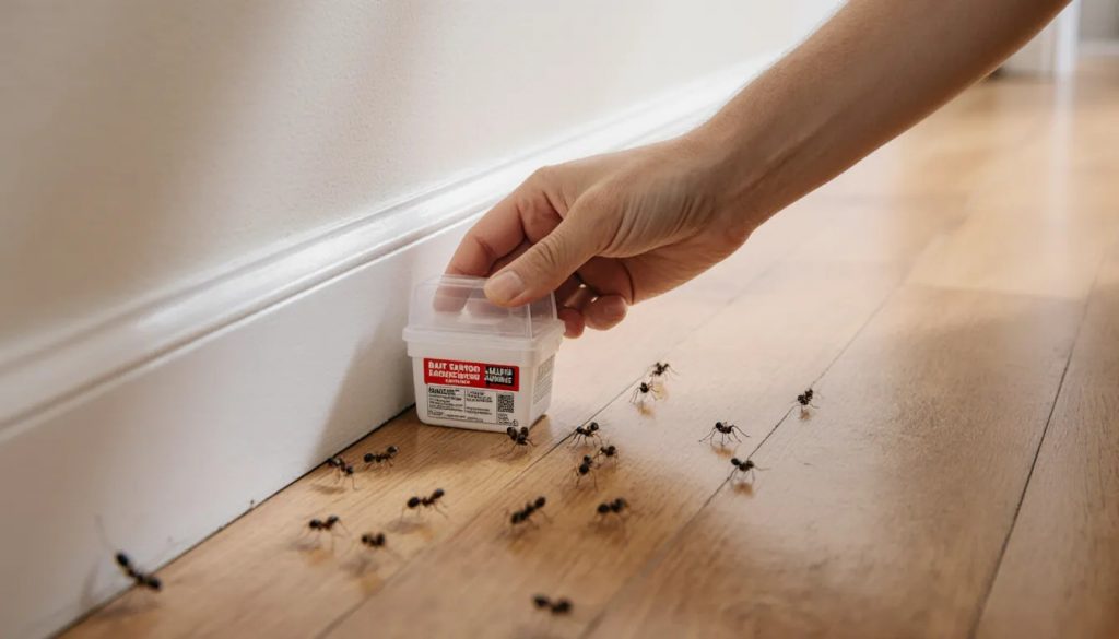 Homeowner placing a small DIY ant bait station along a kitchen baseboard