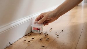 Homeowner placing a small DIY ant bait station along a kitchen baseboard