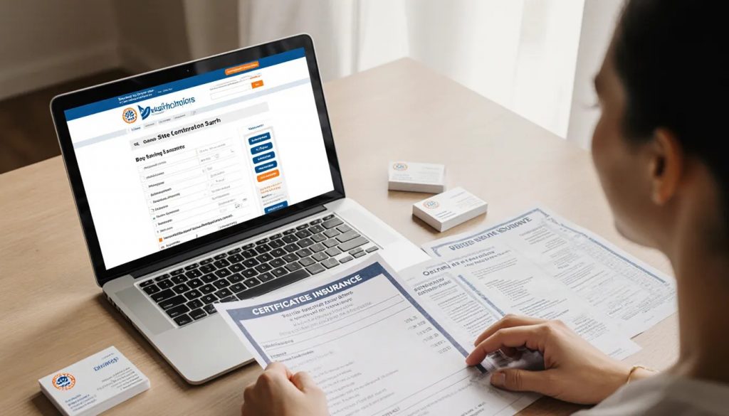 Homeowner reviewing contractor estimates with a laptop showing a state licensing search and an insurance certificate on a desk