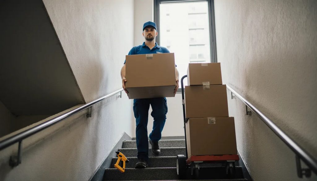 Professional movers carrying cardboard boxes up an urban apartment building staircase