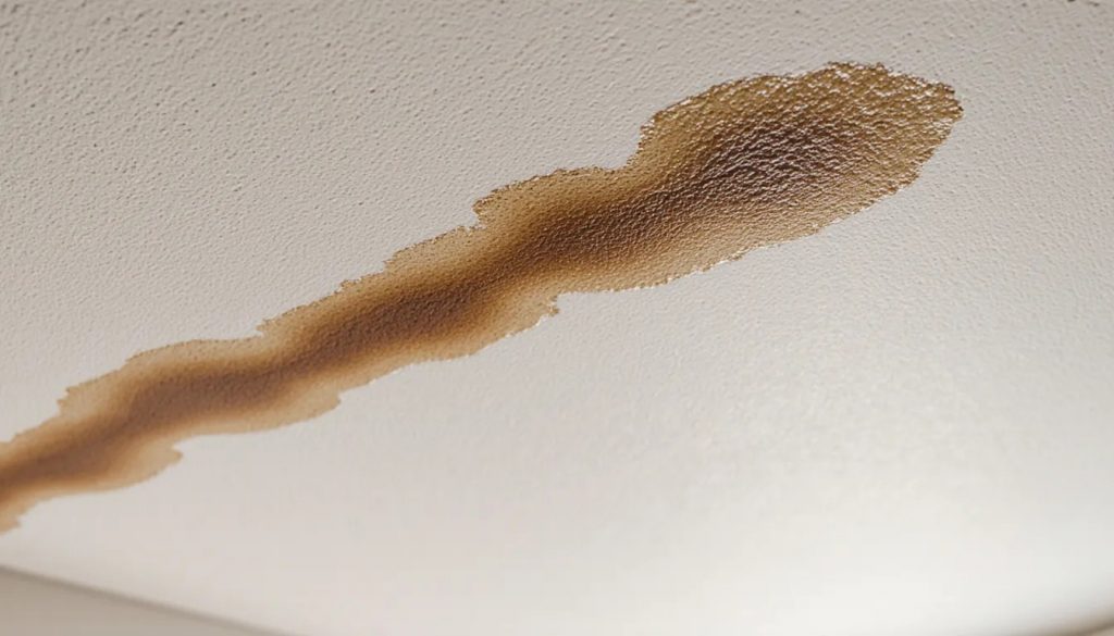 Brown water-stain ring on a white drywall ceiling from a hidden plumbing leak above