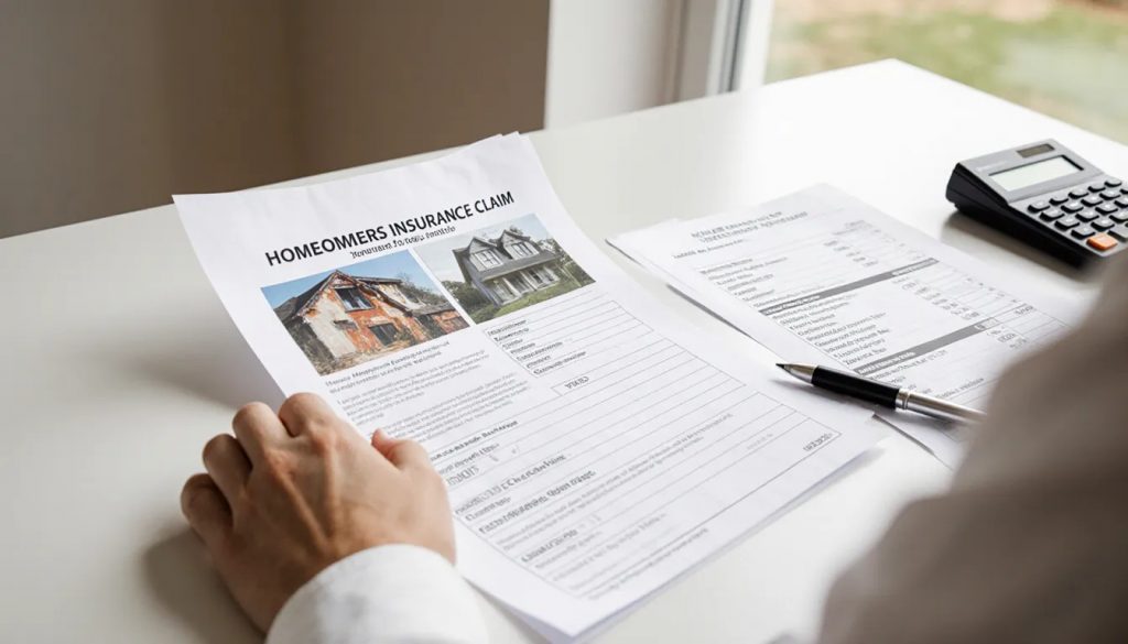 Homeowner reviewing an insurance claim file with annotated damage photos and a contractor estimate at a desk
