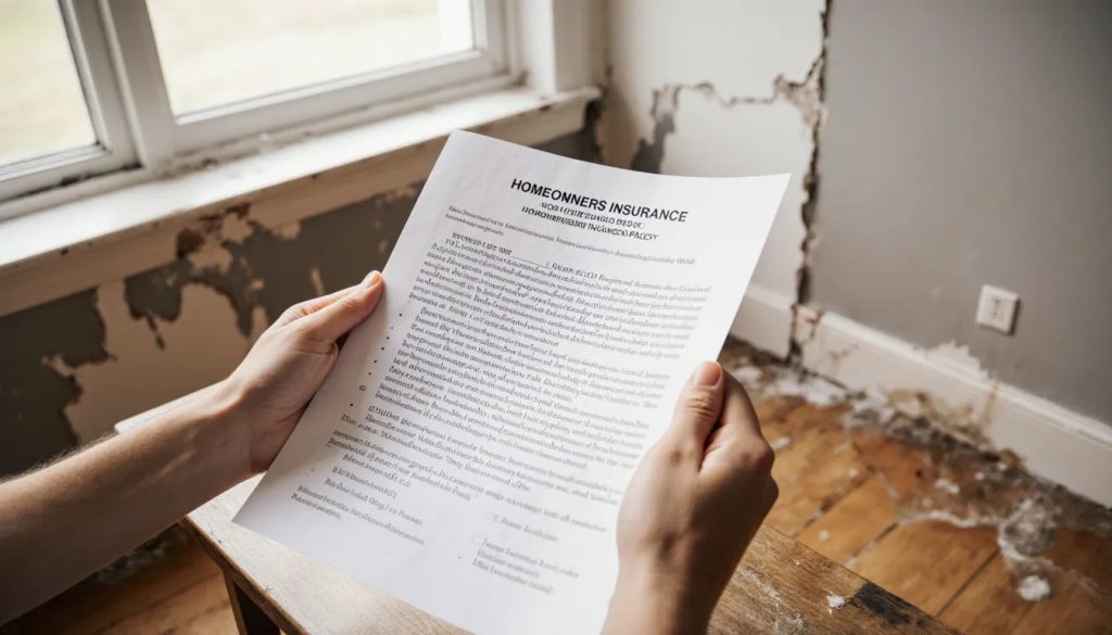 Homeowner reviewing a homeowners insurance policy at a kitchen table after water damage