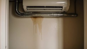 AC condensate line and air handler closet in a humid Florida home showing water staining on the wall