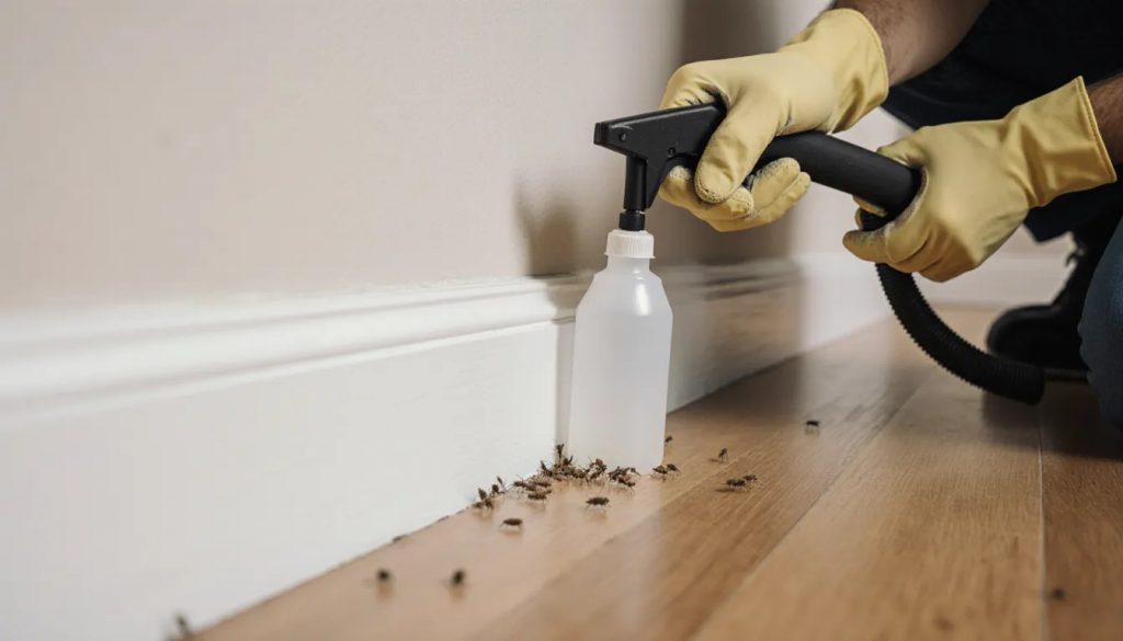 Pest control technician treating along a residential baseboard with a sprayer