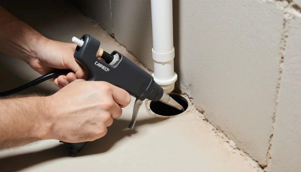 Homeowner sealing a gap around a basement pipe with a caulk gun to prevent pest entry