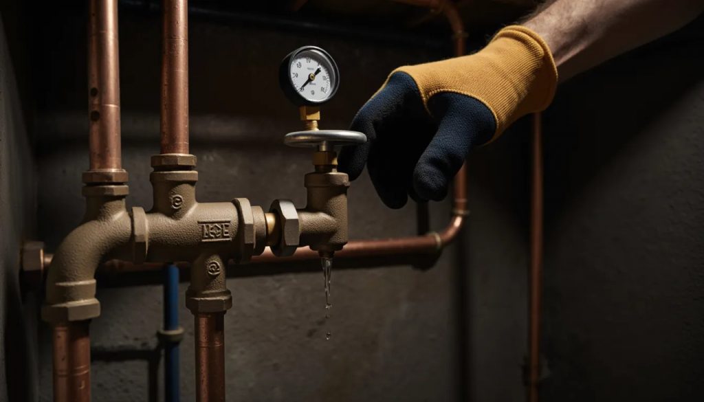 Homeowner closing a residential water main shutoff valve in a basement during a plumbing emergency