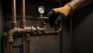 Homeowner closing a residential water main shutoff valve in a basement during a plumbing emergency