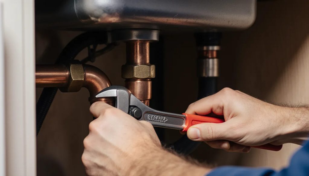 Plumber repairing a copper pipe joint under a residential kitchen sink with a wrench