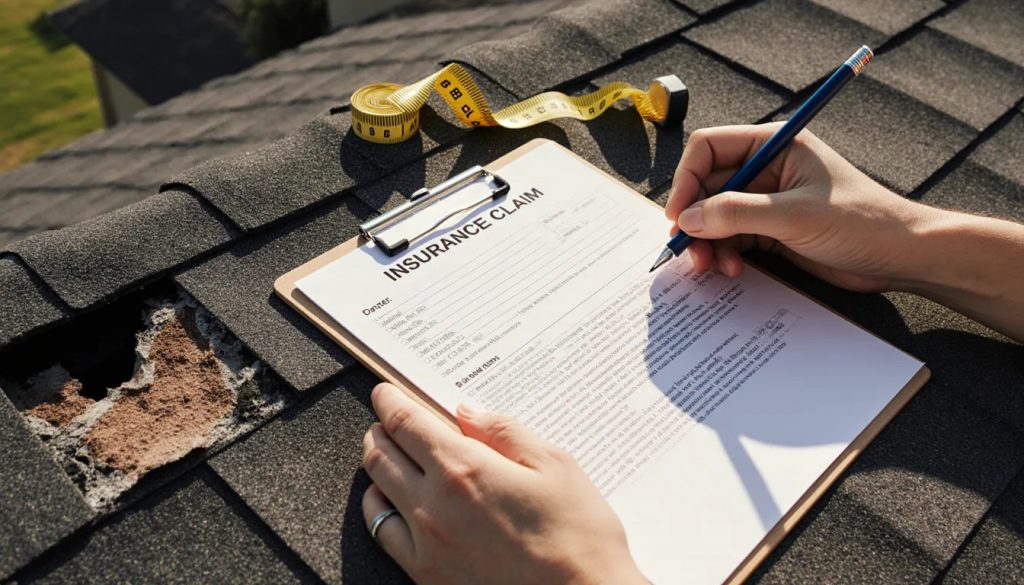 Clipboard with insurance claim paperwork resting on hail-damaged residential asphalt shingles