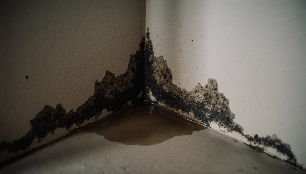 Dark hidden mold growth spreading in the corner of a basement wall behind a baseboard