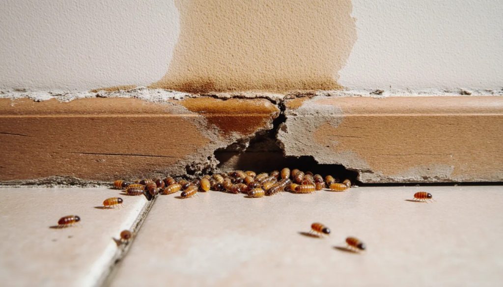 Damaged wood baseboard showing termite frass droppings and a brown water stain together