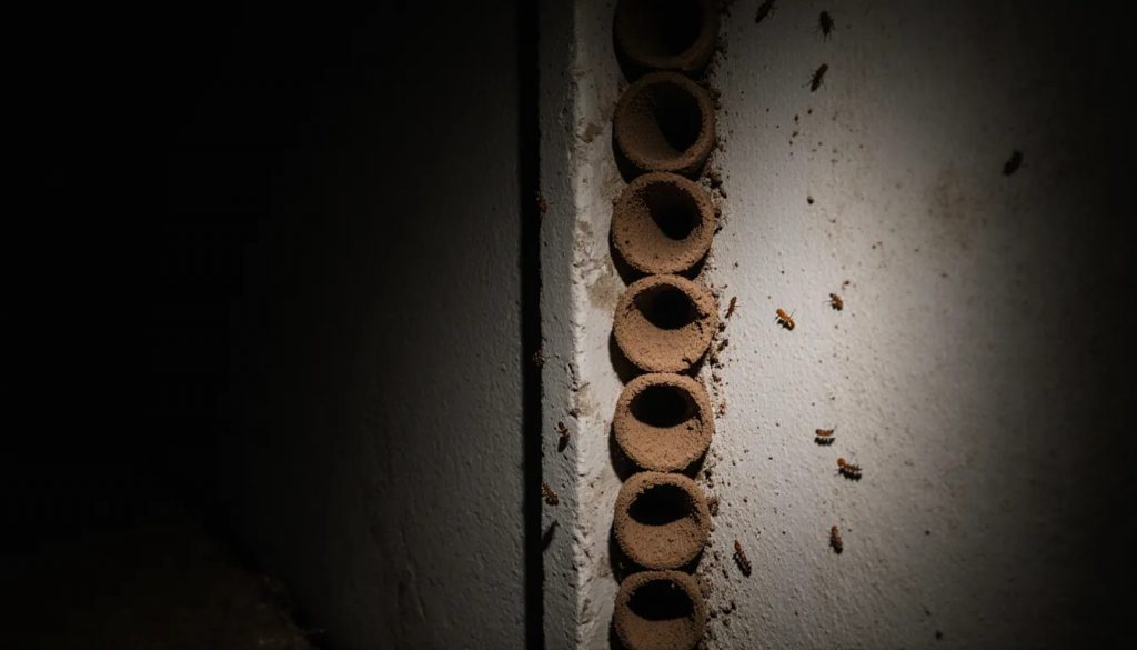 Termite mud tubes running up a residential concrete foundation wall in a basement