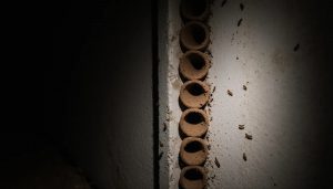 Termite mud tubes running up a residential concrete foundation wall in a basement