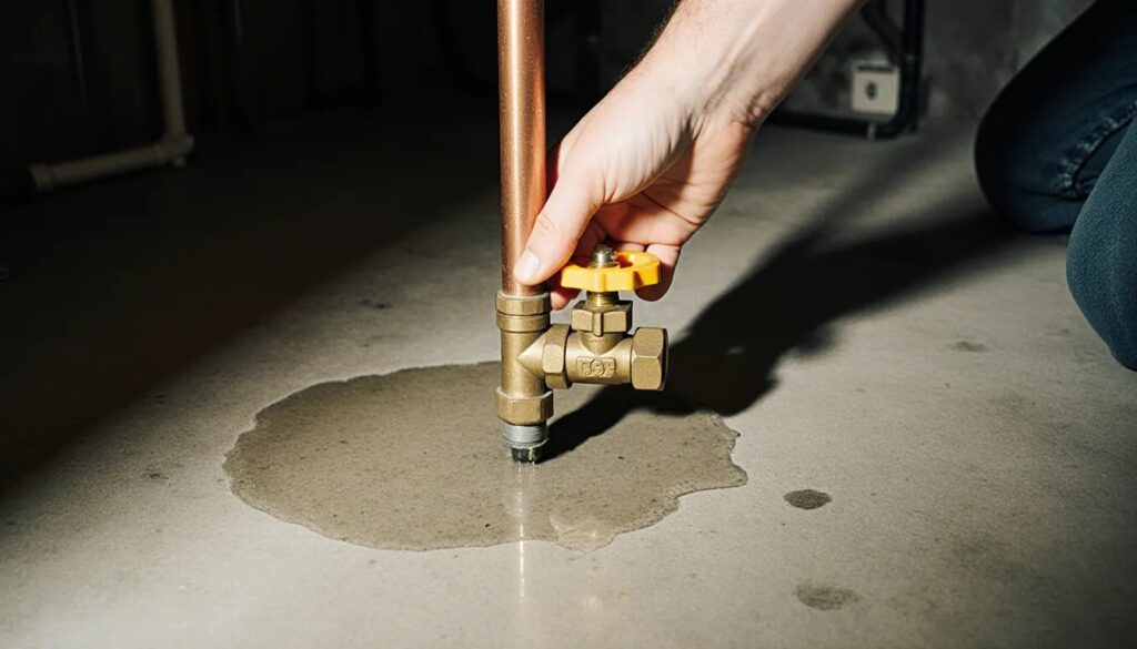 Homeowner turning the main water shutoff valve on a copper pipe with water on the floor