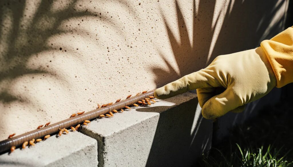 Pest technician pointing to termites on a mud tube along a Florida home foundation with palm shadows