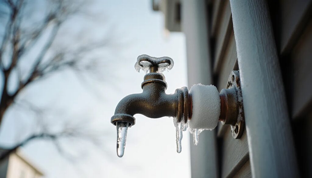 Frost-covered outdoor water spigot with an icicle and pipe insulation on a freezing winter morning