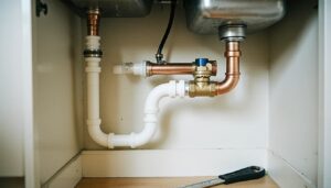 Copper and PEX water pipes with shutoff valves and a drain trap under a residential sink