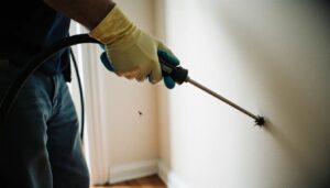 Pest control technician using a sprayer wand to treat along a home baseboard and wall