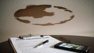 Water-stained ceiling above a home insurance claim form, pen, and phone showing damage photos