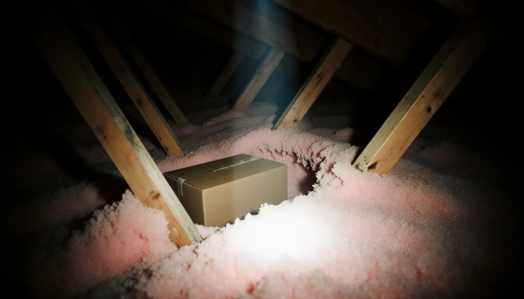 Flashlight beam on attic insulation and rafters showing a rodent tunnel and chewed box