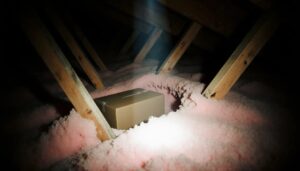 Flashlight beam on attic insulation and rafters showing a rodent tunnel and chewed box