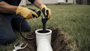 Plumber feeding a drain inspection camera into a sewer cleanout pipe in a backyard