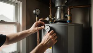 Plumber checking the pressure gauge and pipe connections on a residential tank water heater