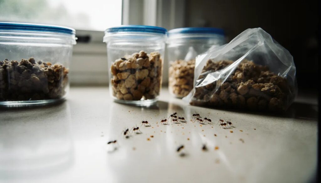 A trail of ants heading toward crumbs by an open food bag, next to sealed storage containers