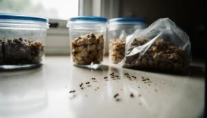 A trail of ants heading toward crumbs by an open food bag, next to sealed storage containers
